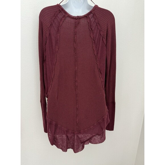 Free People Tops - We The Free Women Top Burgundy Waffle Knit Thermal Raw Hem Long Sleeve V Neck M
